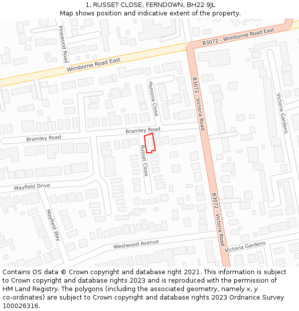 1, RUSSET CLOSE, FERNDOWN, BH22 9JL: Location map and indicative extent of plot