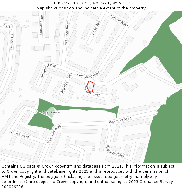 1, RUSSETT CLOSE, WALSALL, WS5 3DP: Location map and indicative extent of plot