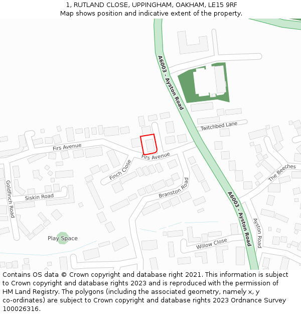 1, RUTLAND CLOSE, UPPINGHAM, OAKHAM, LE15 9RF: Location map and indicative extent of plot