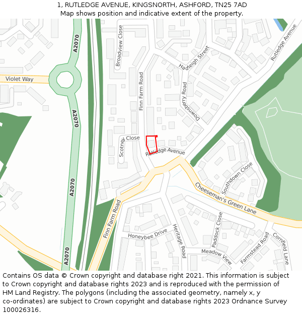 1, RUTLEDGE AVENUE, KINGSNORTH, ASHFORD, TN25 7AD: Location map and indicative extent of plot