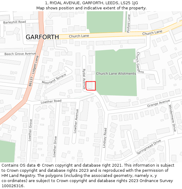 1, RYDAL AVENUE, GARFORTH, LEEDS, LS25 1JG: Location map and indicative extent of plot