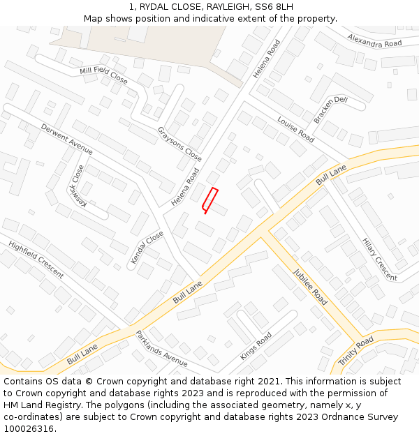 1, RYDAL CLOSE, RAYLEIGH, SS6 8LH: Location map and indicative extent of plot