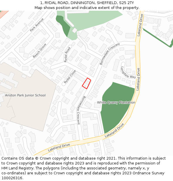 1, RYDAL ROAD, DINNINGTON, SHEFFIELD, S25 2TY: Location map and indicative extent of plot