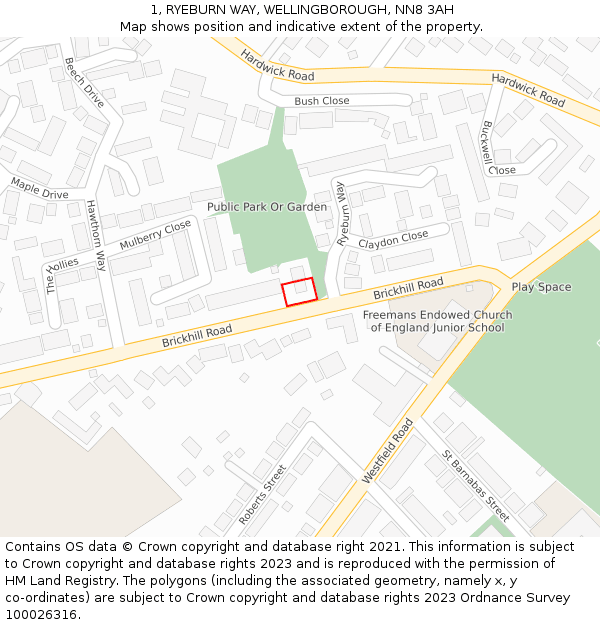 1, RYEBURN WAY, WELLINGBOROUGH, NN8 3AH: Location map and indicative extent of plot