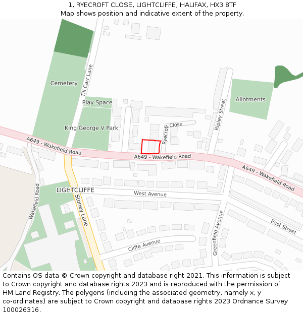 1, RYECROFT CLOSE, LIGHTCLIFFE, HALIFAX, HX3 8TF: Location map and indicative extent of plot