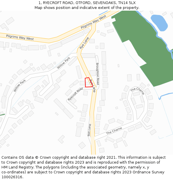 1, RYECROFT ROAD, OTFORD, SEVENOAKS, TN14 5LX: Location map and indicative extent of plot