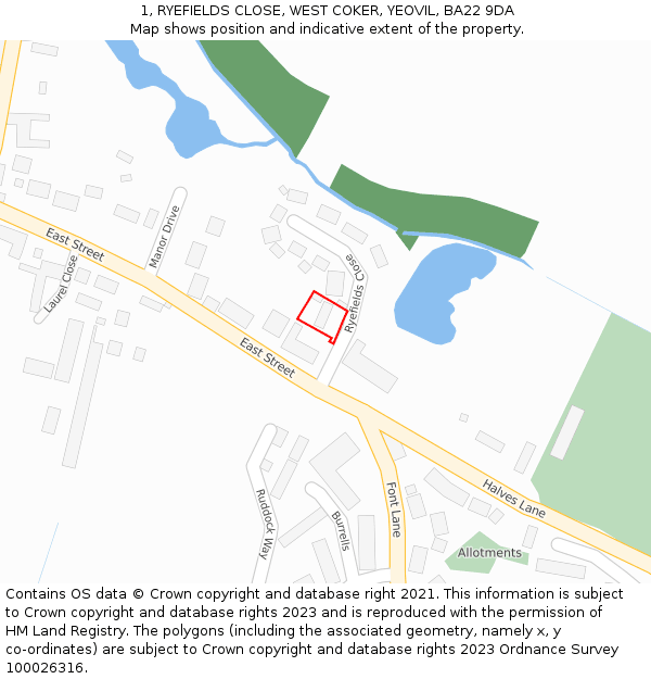 1, RYEFIELDS CLOSE, WEST COKER, YEOVIL, BA22 9DA: Location map and indicative extent of plot