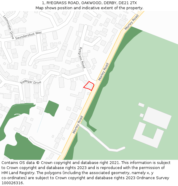 1, RYEGRASS ROAD, OAKWOOD, DERBY, DE21 2TX: Location map and indicative extent of plot