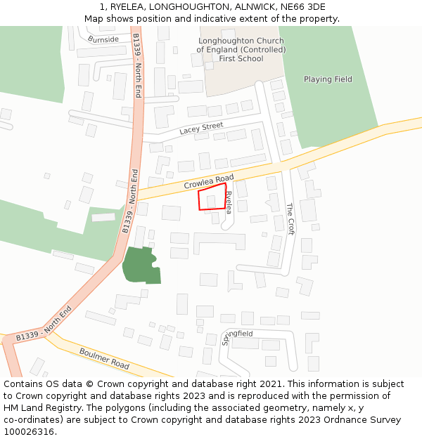 1, RYELEA, LONGHOUGHTON, ALNWICK, NE66 3DE: Location map and indicative extent of plot