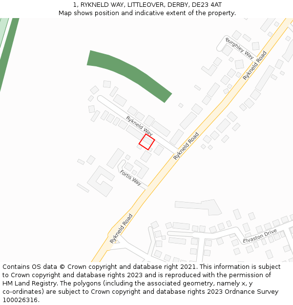 1, RYKNELD WAY, LITTLEOVER, DERBY, DE23 4AT: Location map and indicative extent of plot