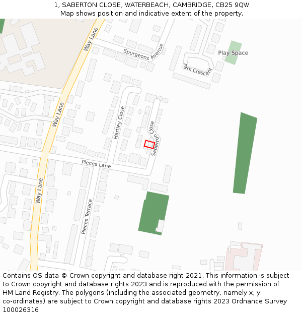 1, SABERTON CLOSE, WATERBEACH, CAMBRIDGE, CB25 9QW: Location map and indicative extent of plot