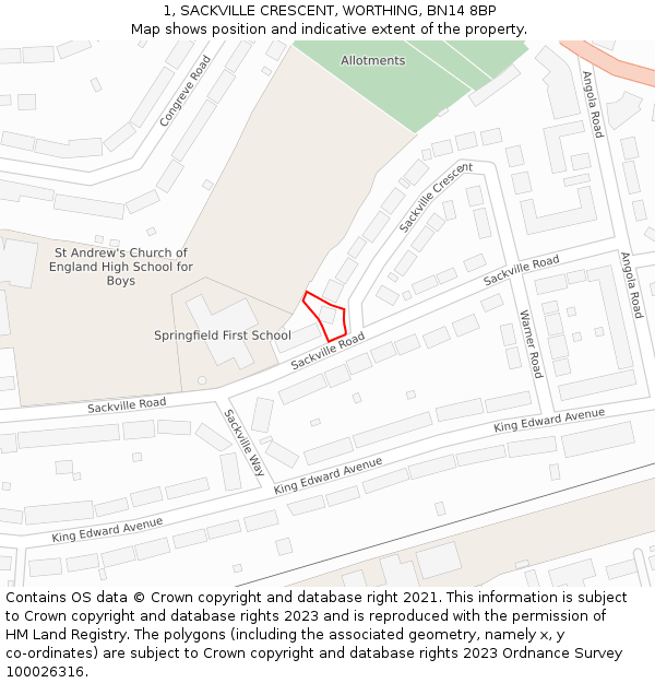 1, SACKVILLE CRESCENT, WORTHING, BN14 8BP: Location map and indicative extent of plot