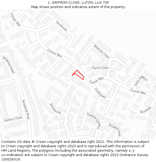 1, SAFFRON CLOSE, LUTON, LU2 7GF: Location map and indicative extent of plot