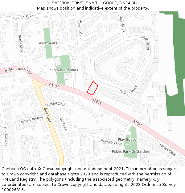 1, SAFFRON DRIVE, SNAITH, GOOLE, DN14 9LH: Location map and indicative extent of plot