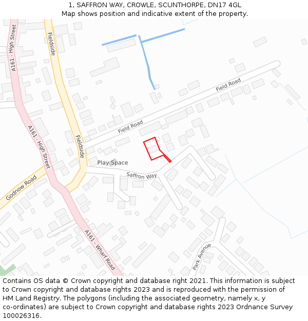 1, SAFFRON WAY, CROWLE, SCUNTHORPE, DN17 4GL: Location map and indicative extent of plot