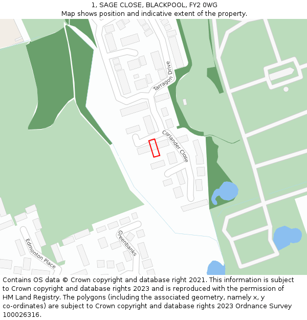 1, SAGE CLOSE, BLACKPOOL, FY2 0WG: Location map and indicative extent of plot