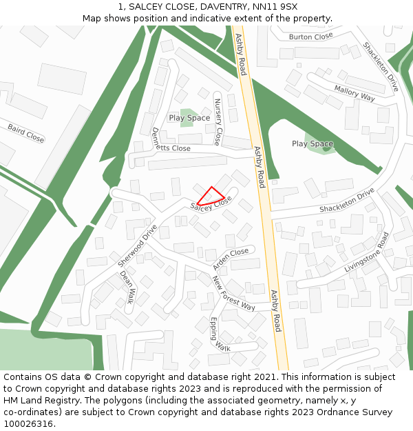 1, SALCEY CLOSE, DAVENTRY, NN11 9SX: Location map and indicative extent of plot