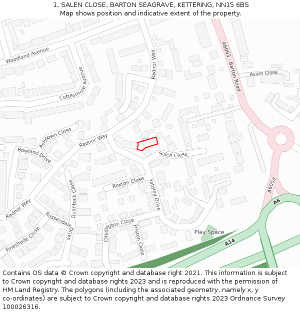1, SALEN CLOSE, BARTON SEAGRAVE, KETTERING, NN15 6BS: Location map and indicative extent of plot