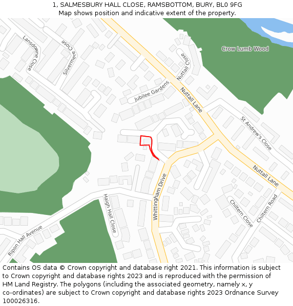 1, SALMESBURY HALL CLOSE, RAMSBOTTOM, BURY, BL0 9FG: Location map and indicative extent of plot