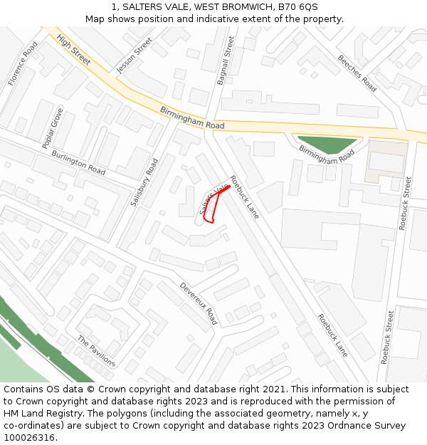 1, SALTERS VALE, WEST BROMWICH, B70 6QS: Location map and indicative extent of plot