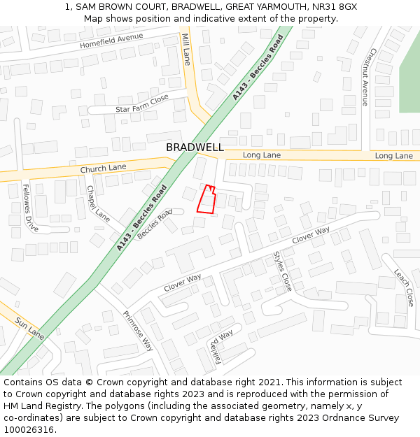 1, SAM BROWN COURT, BRADWELL, GREAT YARMOUTH, NR31 8GX: Location map and indicative extent of plot