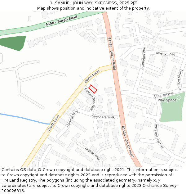 1, SAMUEL JOHN WAY, SKEGNESS, PE25 2JZ: Location map and indicative extent of plot