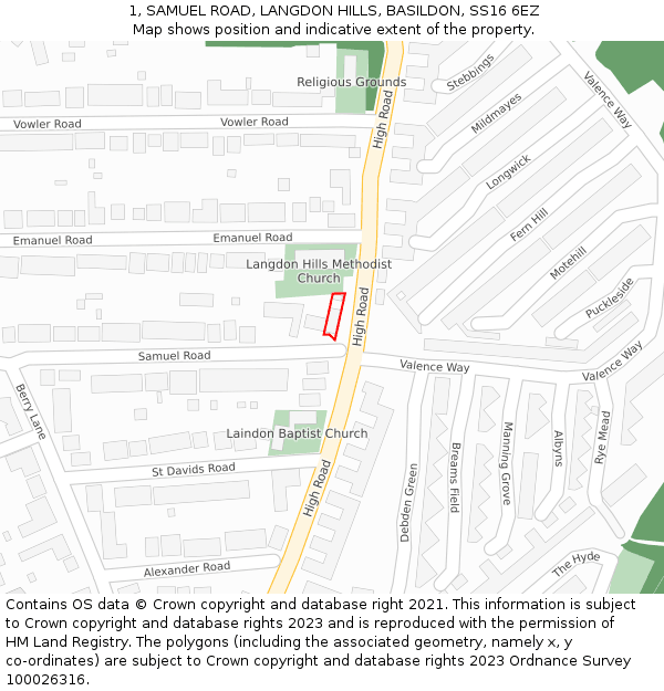 1, SAMUEL ROAD, LANGDON HILLS, BASILDON, SS16 6EZ: Location map and indicative extent of plot