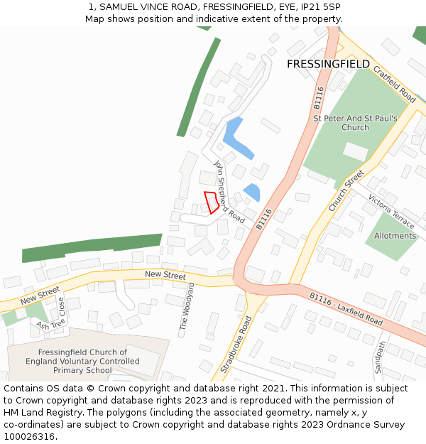 1, SAMUEL VINCE ROAD, FRESSINGFIELD, EYE, IP21 5SP: Location map and indicative extent of plot