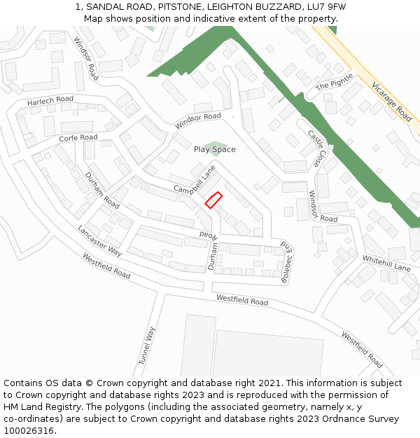 1, SANDAL ROAD, PITSTONE, LEIGHTON BUZZARD, LU7 9FW: Location map and indicative extent of plot