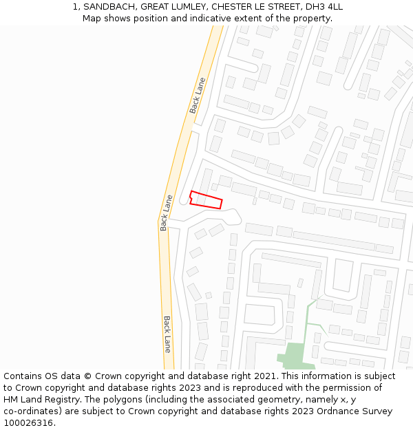 1, SANDBACH, GREAT LUMLEY, CHESTER LE STREET, DH3 4LL: Location map and indicative extent of plot