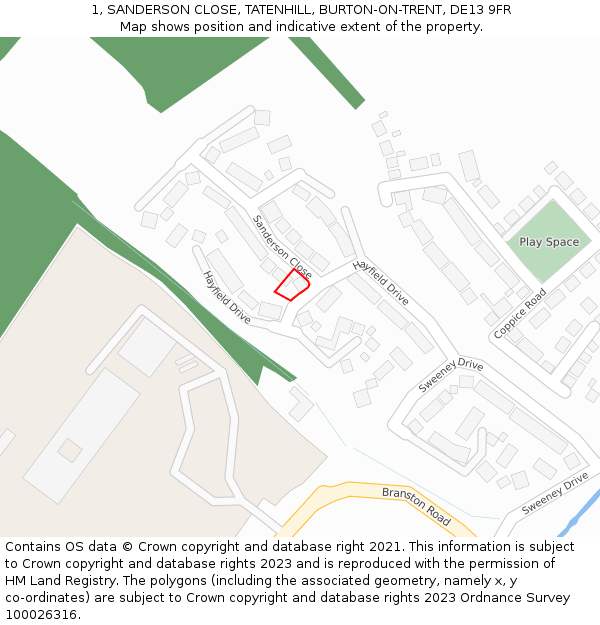 1, SANDERSON CLOSE, TATENHILL, BURTON-ON-TRENT, DE13 9FR: Location map and indicative extent of plot