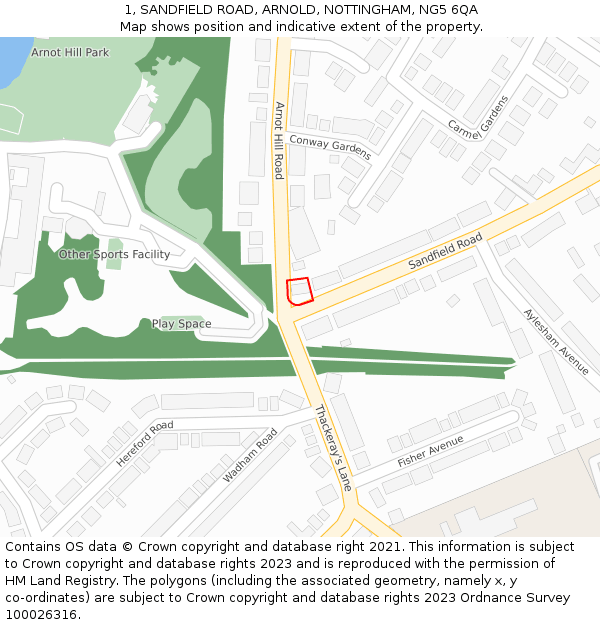 1, SANDFIELD ROAD, ARNOLD, NOTTINGHAM, NG5 6QA: Location map and indicative extent of plot