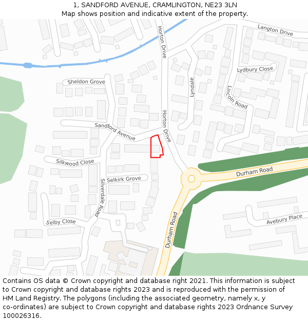 1, SANDFORD AVENUE, CRAMLINGTON, NE23 3LN: Location map and indicative extent of plot