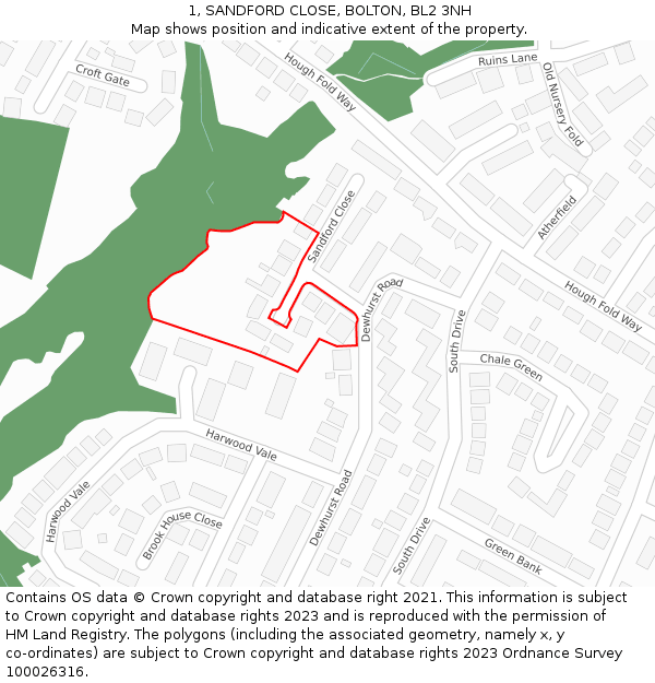 1, SANDFORD CLOSE, BOLTON, BL2 3NH: Location map and indicative extent of plot