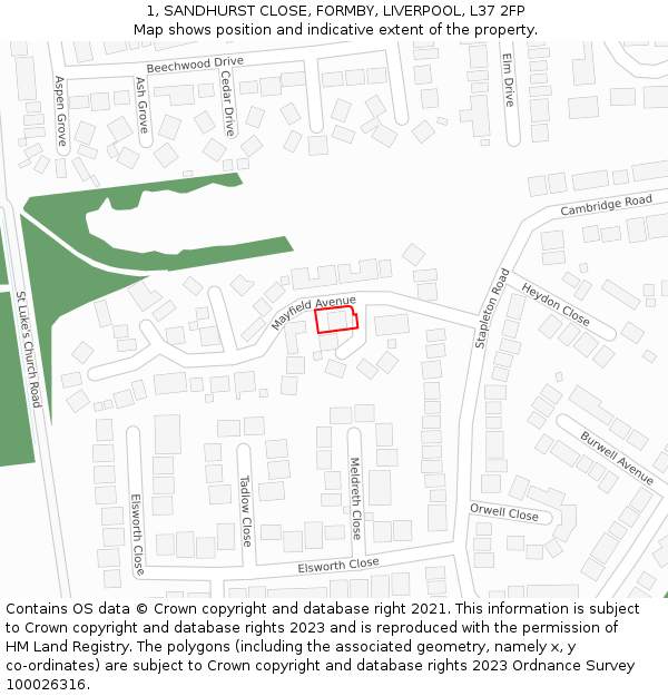 1, SANDHURST CLOSE, FORMBY, LIVERPOOL, L37 2FP: Location map and indicative extent of plot