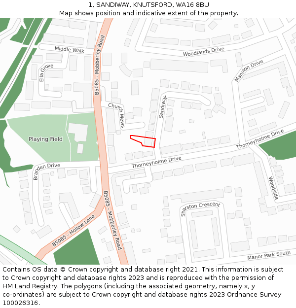 1, SANDIWAY, KNUTSFORD, WA16 8BU: Location map and indicative extent of plot