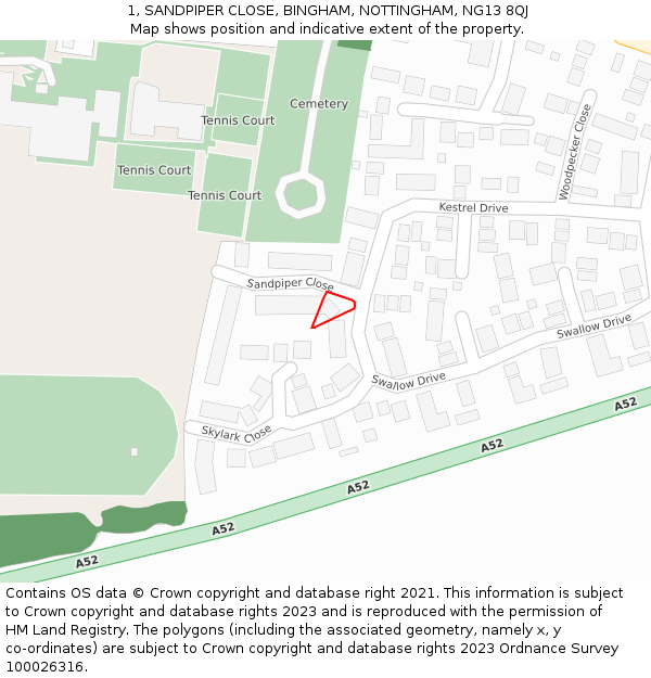 1, SANDPIPER CLOSE, BINGHAM, NOTTINGHAM, NG13 8QJ: Location map and indicative extent of plot