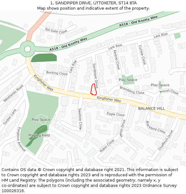 1, SANDPIPER DRIVE, UTTOXETER, ST14 8TA: Location map and indicative extent of plot