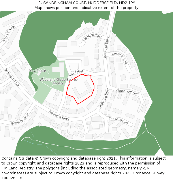 1, SANDRINGHAM COURT, HUDDERSFIELD, HD2 1PY: Location map and indicative extent of plot