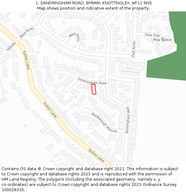 1, SANDRINGHAM ROAD, BYRAM, KNOTTINGLEY, WF11 9NS: Location map and indicative extent of plot