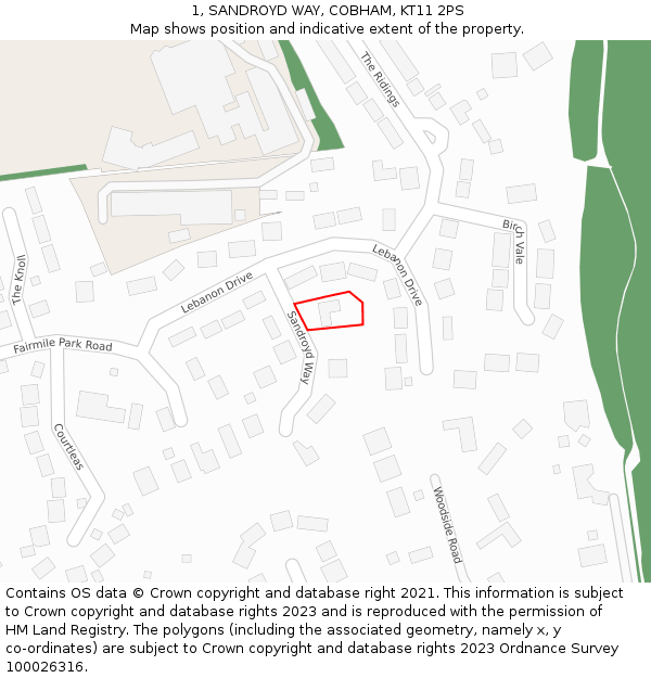 1, SANDROYD WAY, COBHAM, KT11 2PS: Location map and indicative extent of plot