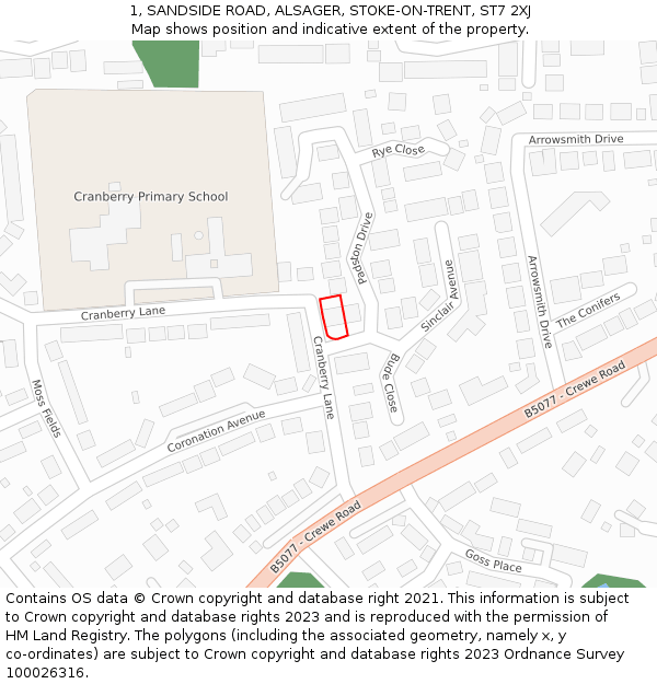 1, SANDSIDE ROAD, ALSAGER, STOKE-ON-TRENT, ST7 2XJ: Location map and indicative extent of plot