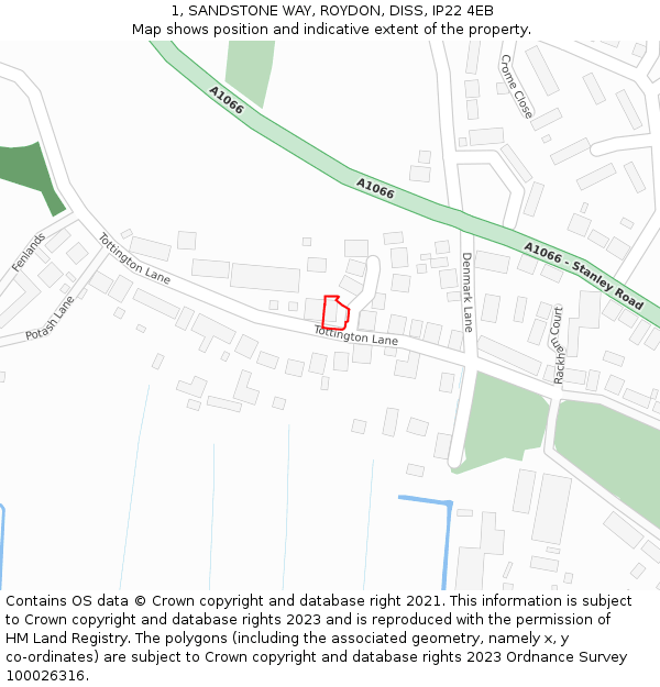 1, SANDSTONE WAY, ROYDON, DISS, IP22 4EB: Location map and indicative extent of plot