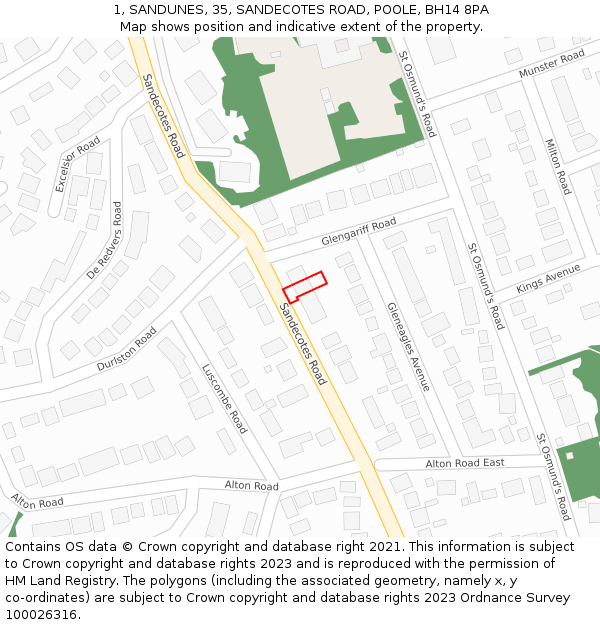 1, SANDUNES, 35, SANDECOTES ROAD, POOLE, BH14 8PA: Location map and indicative extent of plot