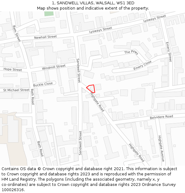 1, SANDWELL VILLAS, WALSALL, WS1 3ED: Location map and indicative extent of plot