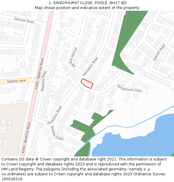 1, SANDYHURST CLOSE, POOLE, BH17 9JS: Location map and indicative extent of plot