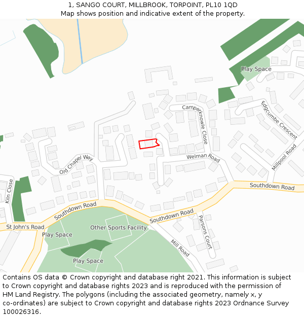 1, SANGO COURT, MILLBROOK, TORPOINT, PL10 1QD: Location map and indicative extent of plot