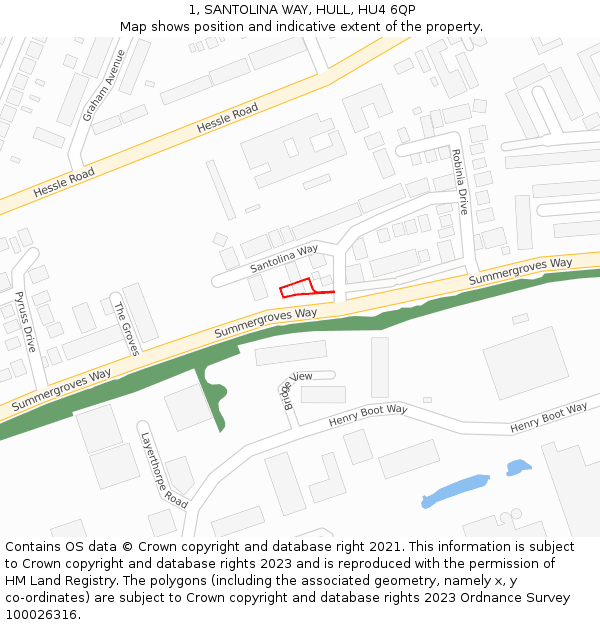 1, SANTOLINA WAY, HULL, HU4 6QP: Location map and indicative extent of plot