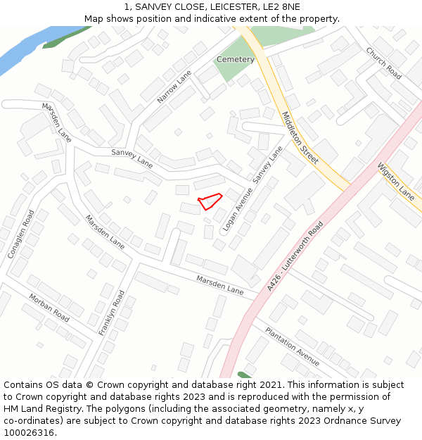 1, SANVEY CLOSE, LEICESTER, LE2 8NE: Location map and indicative extent of plot