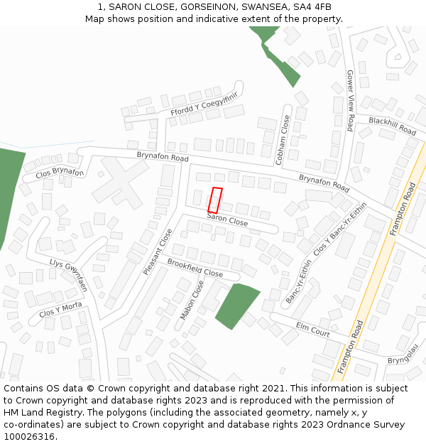 1, SARON CLOSE, GORSEINON, SWANSEA, SA4 4FB: Location map and indicative extent of plot